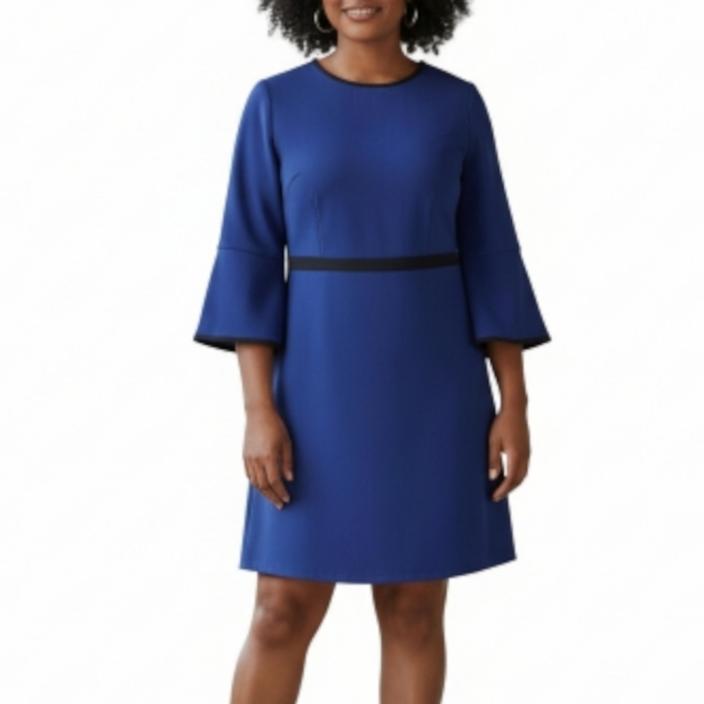 Eliza J A Line Dress Size 14W Blue Black Trim 3/4 Bell Sleeves Drop Waist Lined